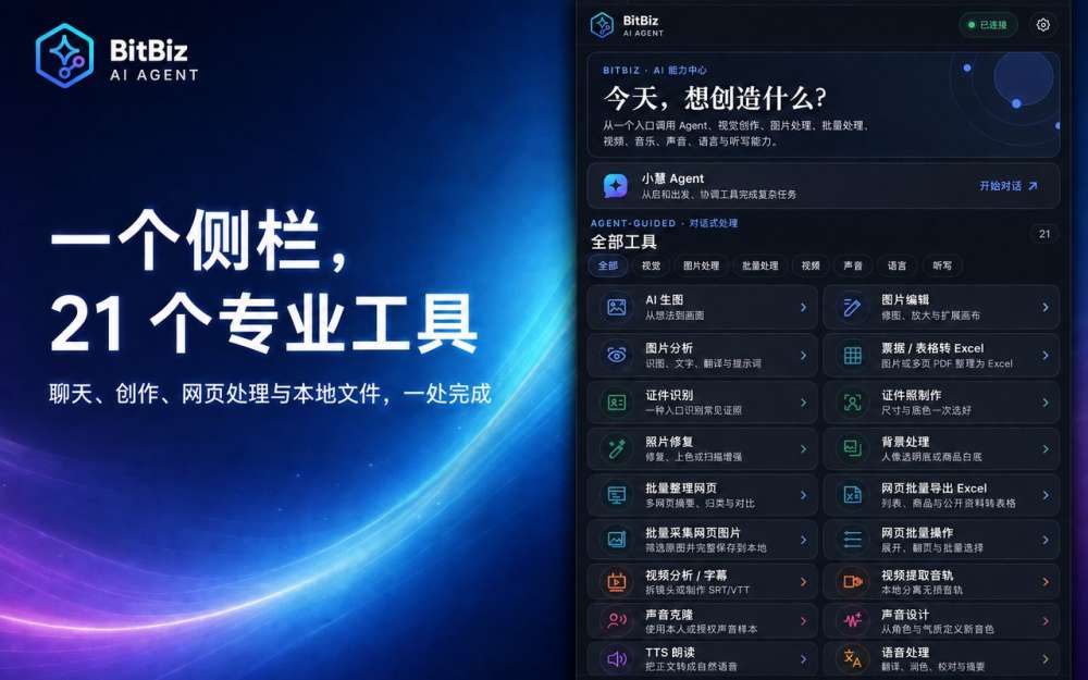 BitBiz AI Agent Edge 侧栏与专业工具界面